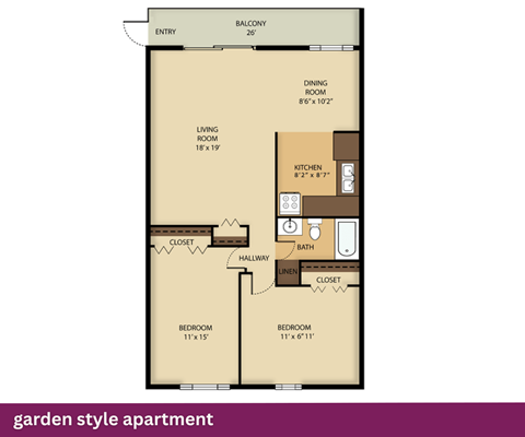 Floor plan for 2 beds, 1 bath, 950 sqft